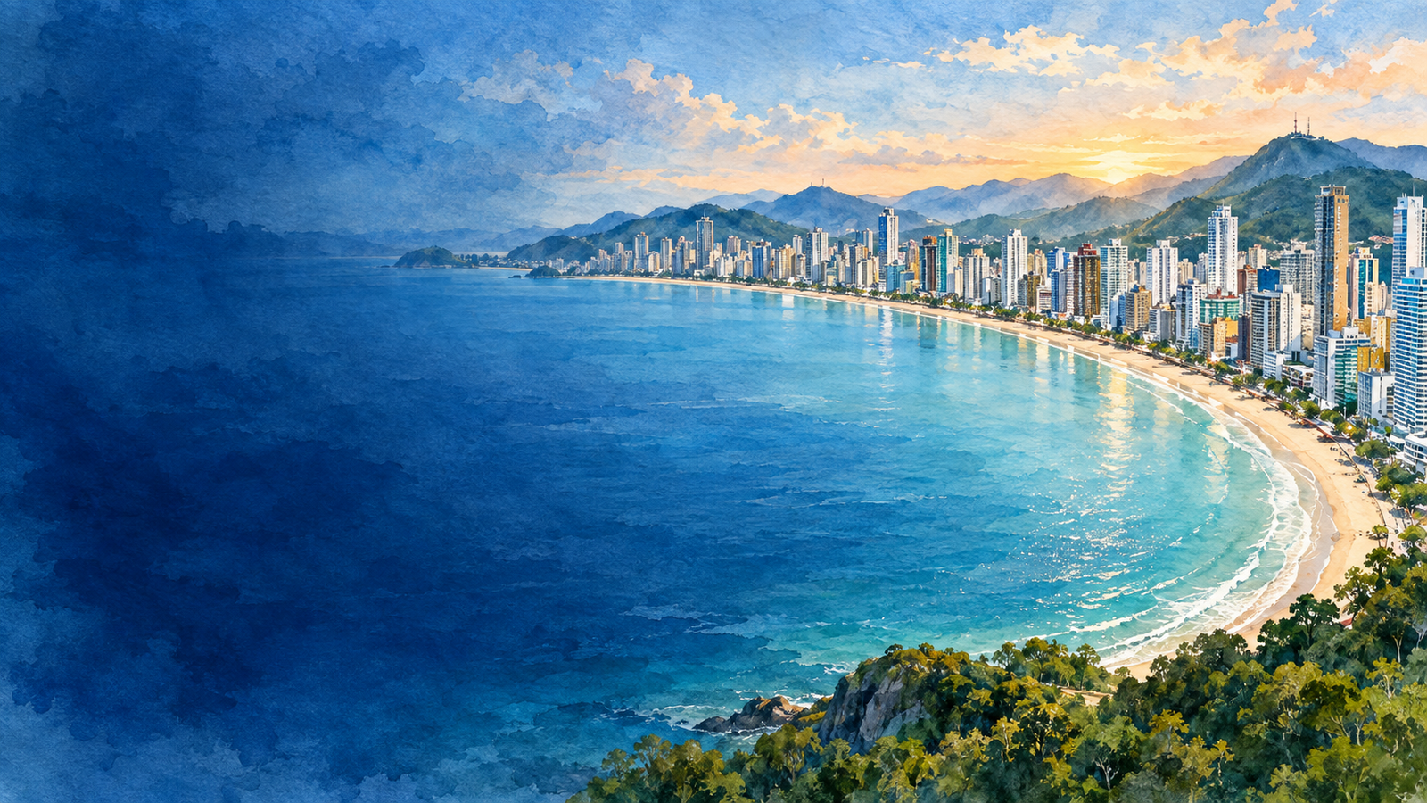 Aquarela da orla de Balneário Camboriú, com mar, skyline e montanhas
